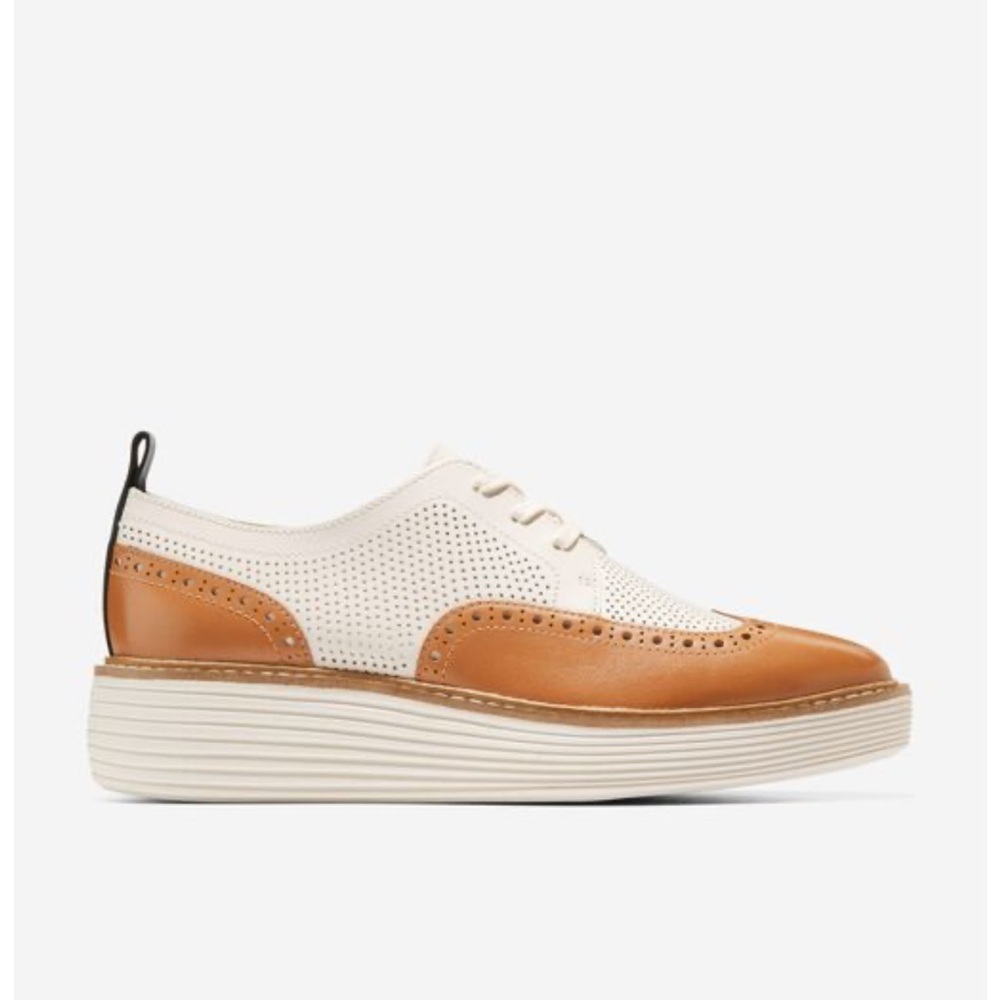 Perforated Two-Tone Platform Wingtip Oxford - Cream & Tan